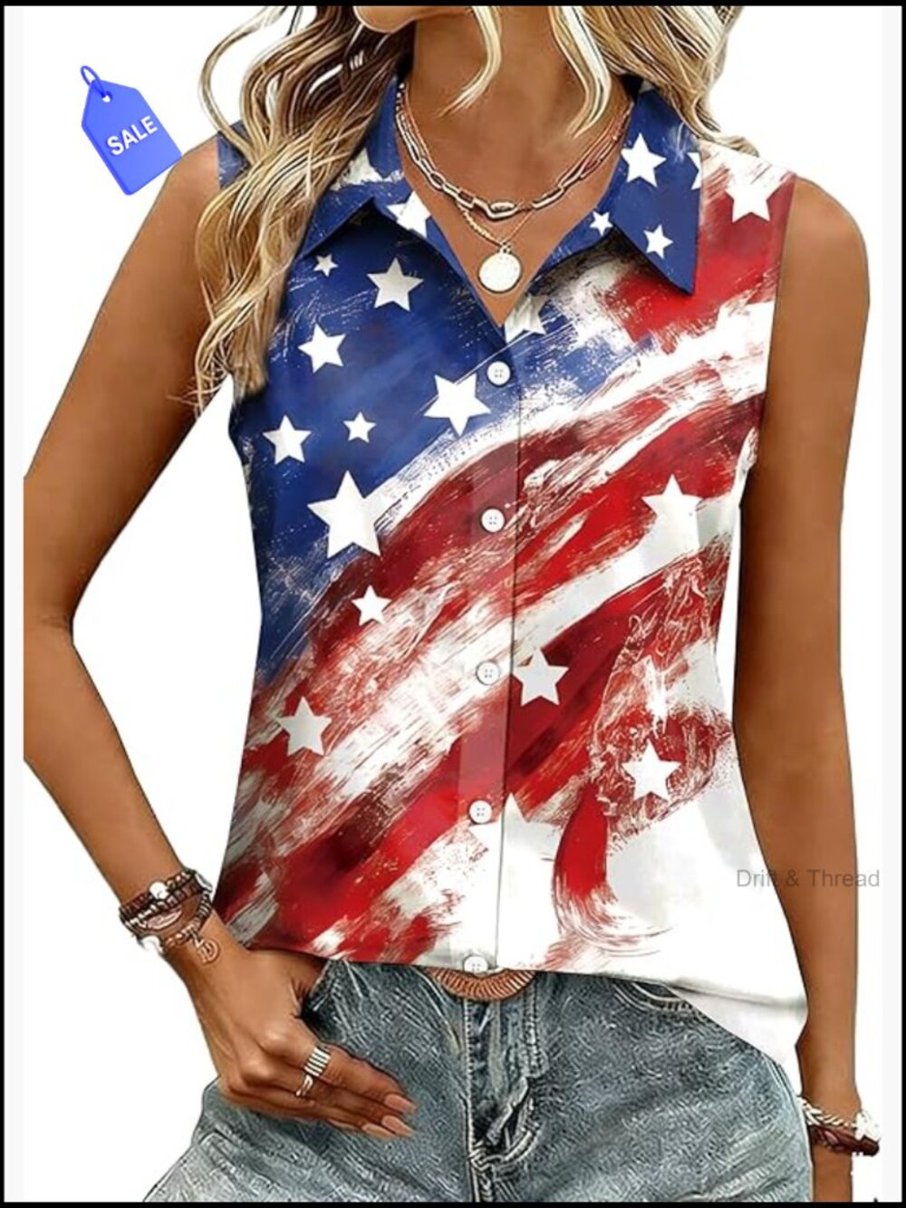 Sleeveless Button Down Tank Top Patriotic Flag Print Summer Blouse